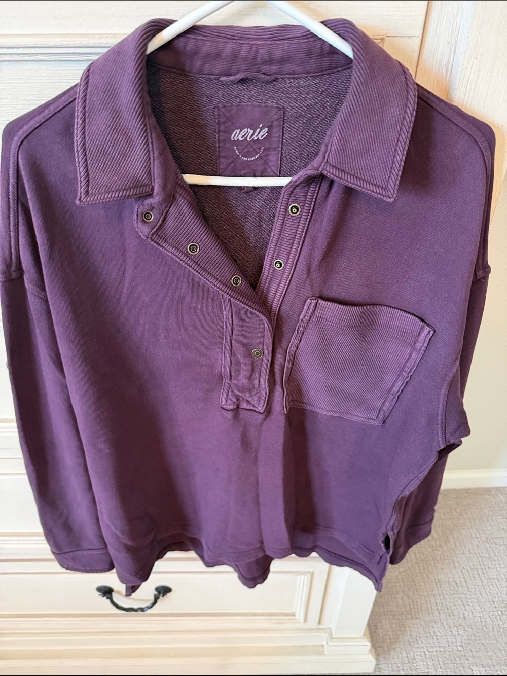aerie Plum Button-Placket Pullover Sweatshirt with collar